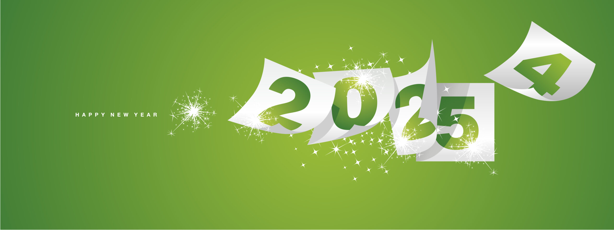 Happy New Year 2025 and the end of 2024 on white calendar sheets on a green background.